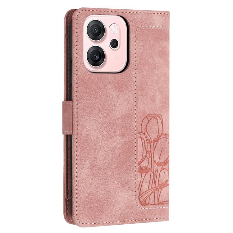 For OPPO Reno14 F 5G Tulips Embossed Leather Phone Case with Lanyard