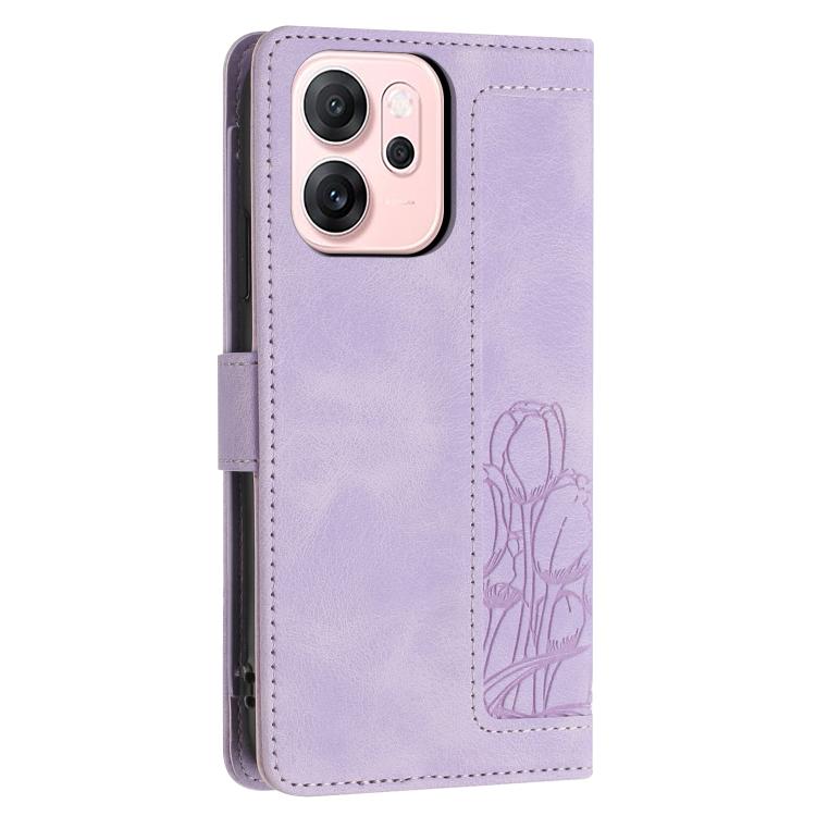 For OPPO Reno14 F 5G Tulips Embossed Leather Phone Case with Lanyard