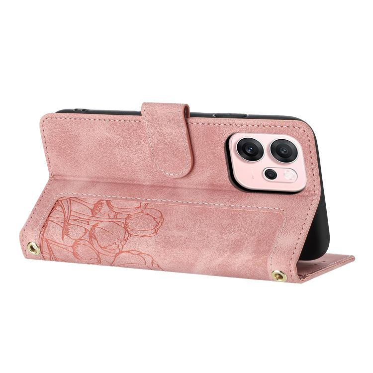 For OPPO Reno14 5G Global Tulips Embossed Leather Phone Case with Lanyard