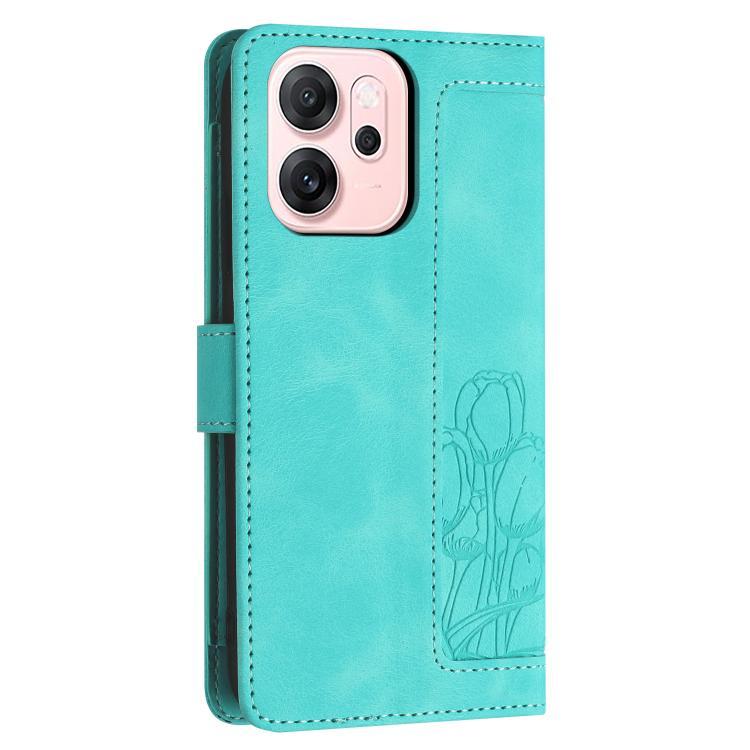 For OPPO Reno14 5G Global Tulips Embossed Leather Phone Case with Lanyard