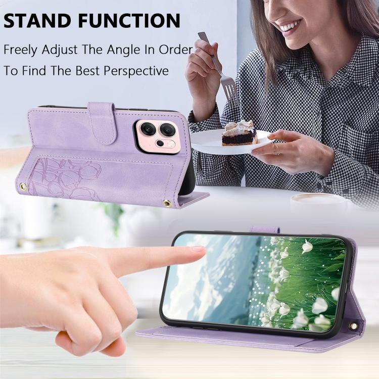 For OPPO Reno14 5G Global Tulips Embossed Leather Phone Case with Lanyard