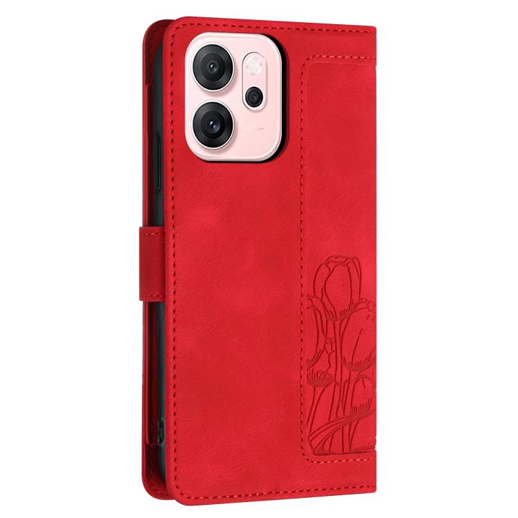 For OPPO Reno14 5G Global Tulips Embossed Leather Phone Case with Lanyard