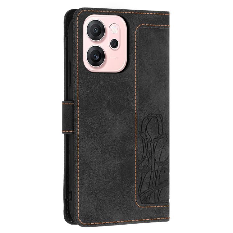 For OPPO Reno14 5G Global Tulips Embossed Leather Phone Case with Lanyard