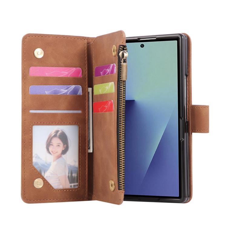 For Samsung Galaxy Z Fold7 5G Multifunctional Frosted Zipper Wallet Leather Phone Case