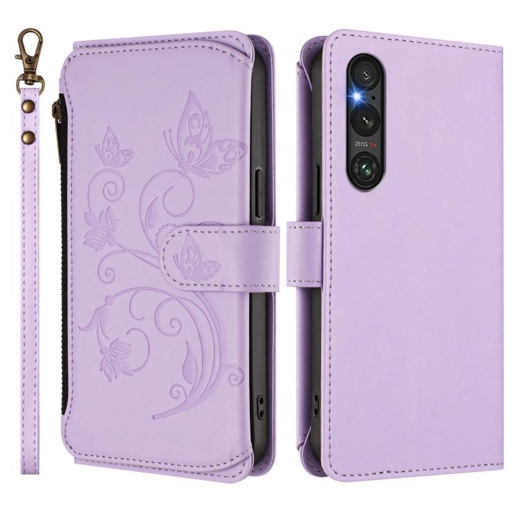 For Sony Xperia 1 V 2023 Butterfly Love Flower Multi-card Zipper Wallet Leather Phone Case