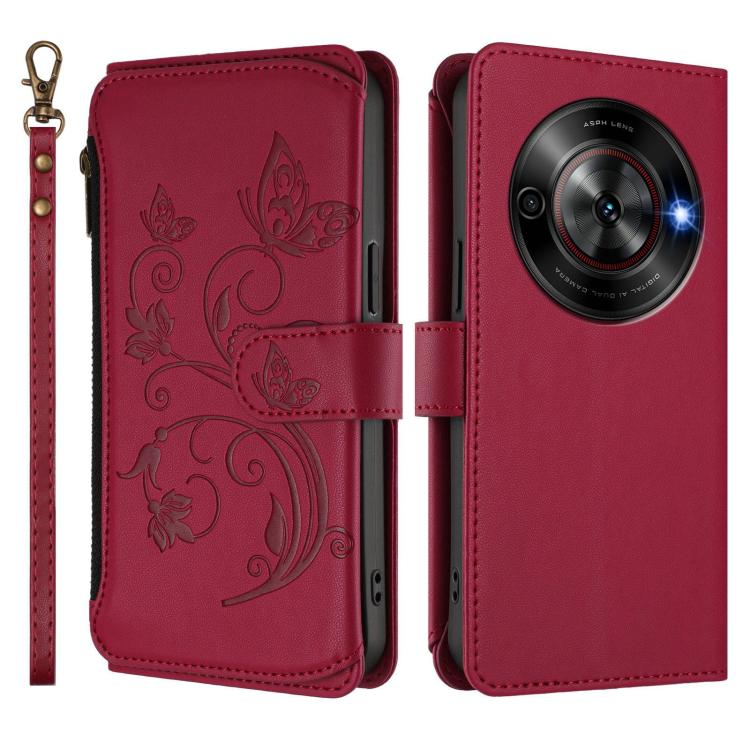 For ZTE Blade A75 5G / nubia Focus 5G Butterfly Love Flower Multi-card Zipper Wallet Leather Phone Case