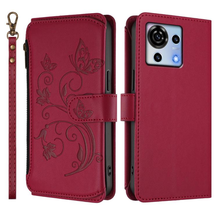 For ZTE Blade V50 Vita Butterfly Love Flower Multi-card Zipper Wallet Leather Phone Case