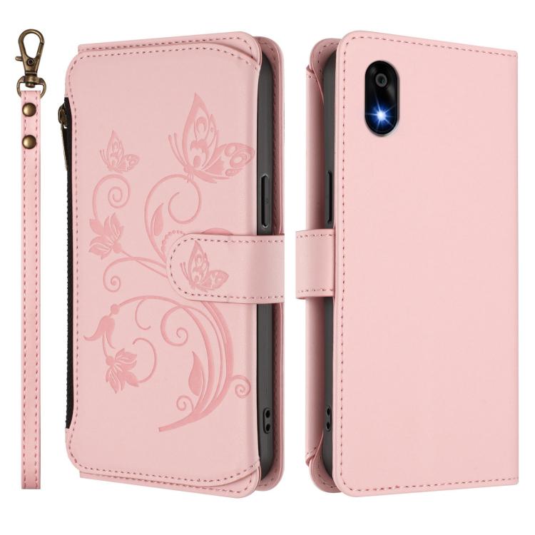 For ZTE Kantan Sumaho 4 A402ZT Butterfly Love Flower Multi-card Zipper Wallet Leather Phone Case