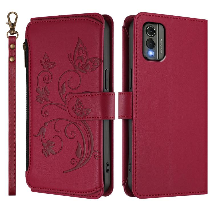 For Nokia C32 Butterfly Love Flower Multi-card Zipper Wallet Leather Phone Case