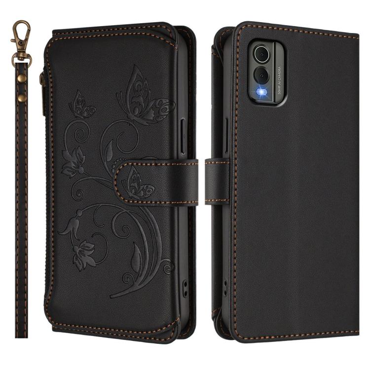 For Nokia C32 Butterfly Love Flower Multi-card Zipper Wallet Leather Phone Case