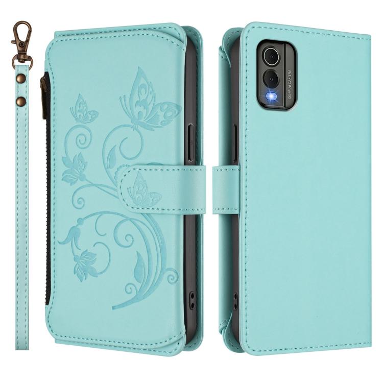For Nokia C32 Butterfly Love Flower Multi-card Zipper Wallet Leather Phone Case