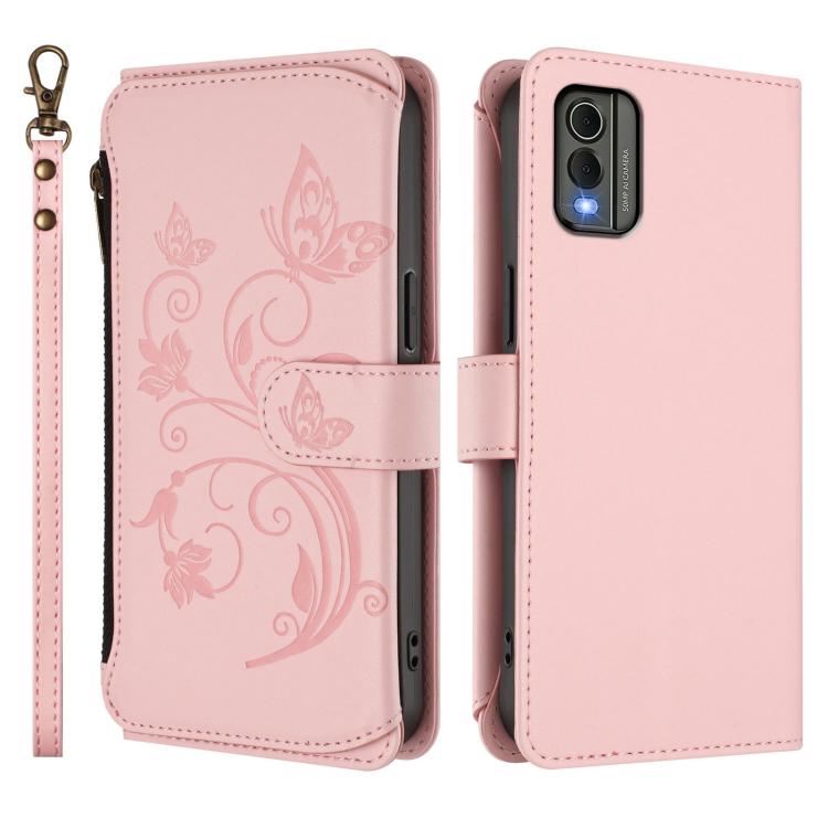 For Nokia C32 Butterfly Love Flower Multi-card Zipper Wallet Leather Phone Case