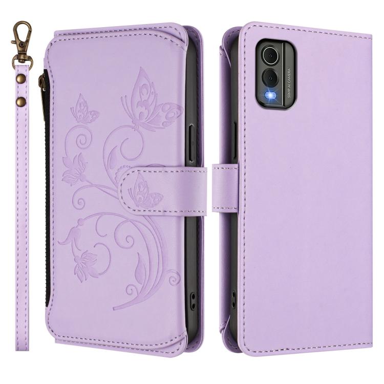 For Nokia C32 Butterfly Love Flower Multi-card Zipper Wallet Leather Phone Case