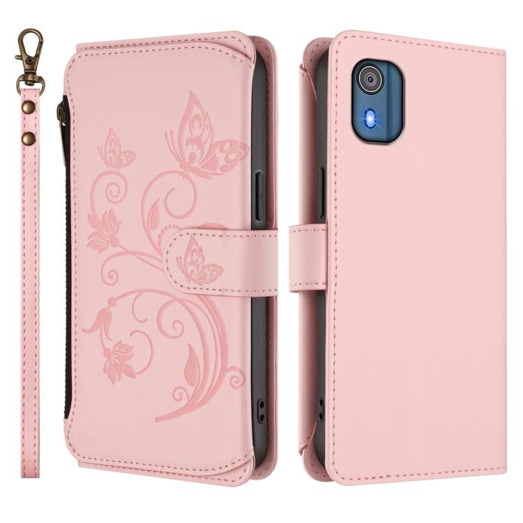 For Nokia C02 Butterfly Love Flower Multi-card Zipper Wallet Leather Phone Case