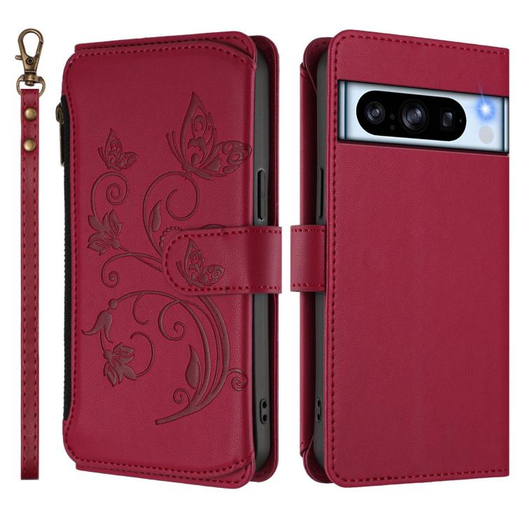 For Google Pixel 8 Pro Butterfly Love Flower Multi-card Zipper Wallet Leather Phone Case