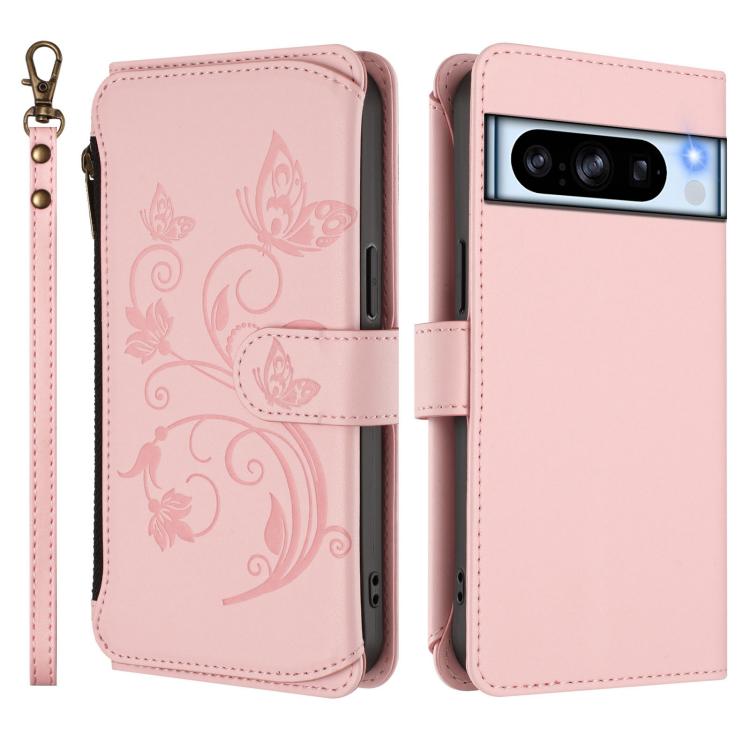For Google Pixel 8 Pro Butterfly Love Flower Multi-card Zipper Wallet Leather Phone Case