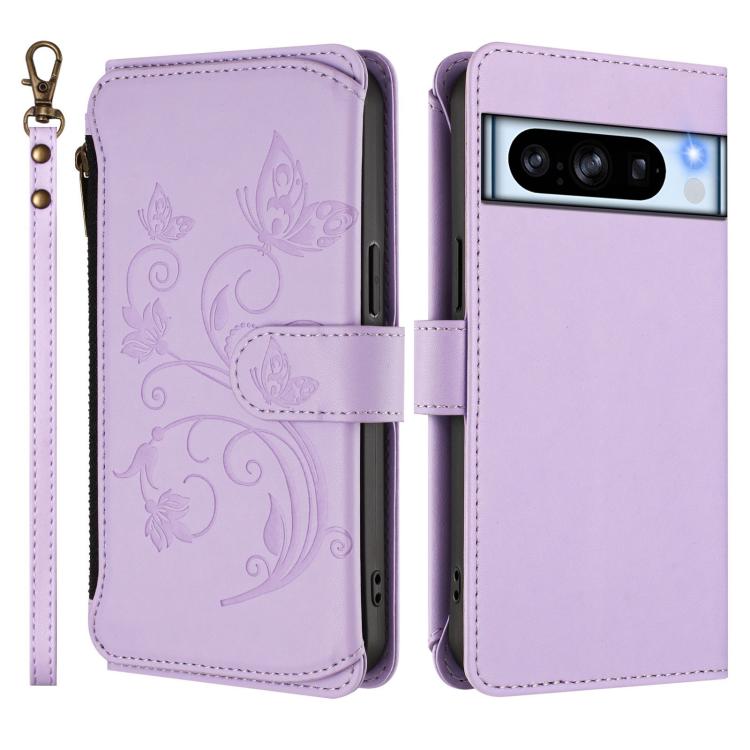 For Google Pixel 8 Pro Butterfly Love Flower Multi-card Zipper Wallet Leather Phone Case