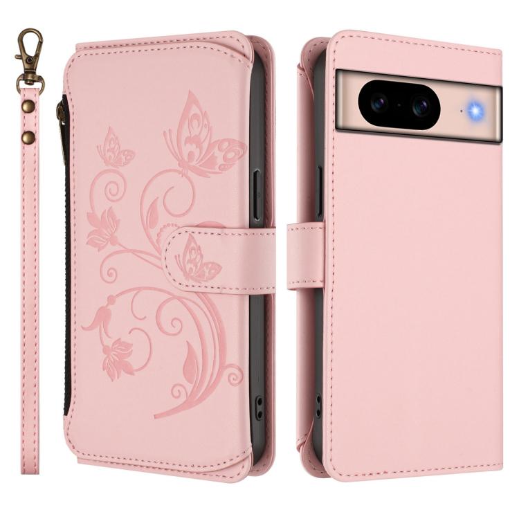 For Google Pixel 8a Butterfly Love Flower Multi-card Zipper Wallet Leather Phone Case