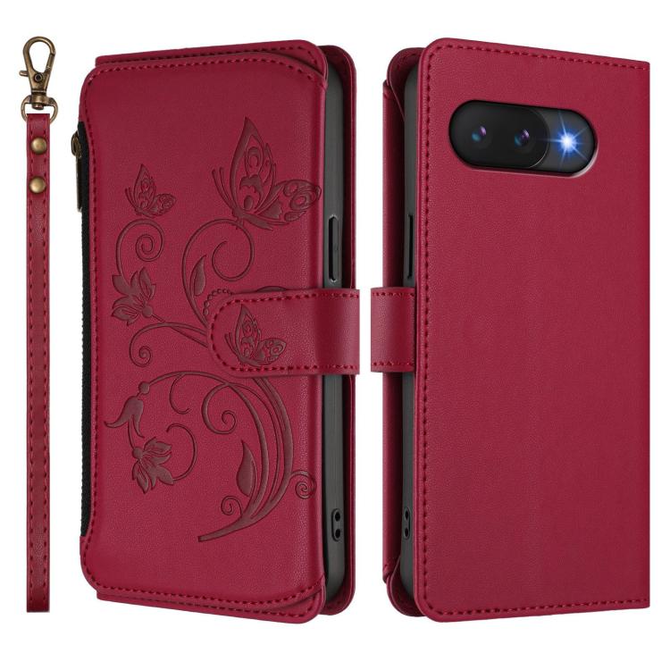 For Google Pixel 9a Butterfly Love Flower Multi-card Zipper Wallet Leather Phone Case
