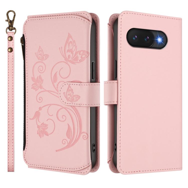 For Google Pixel 9a Butterfly Love Flower Multi-card Zipper Wallet Leather Phone Case