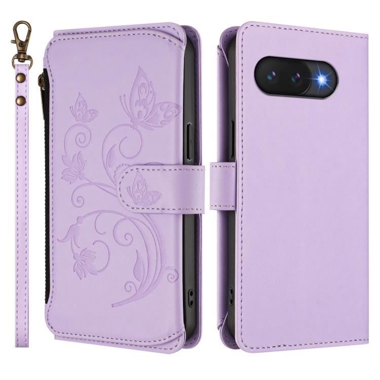 For Google Pixel 9a Butterfly Love Flower Multi-card Zipper Wallet Leather Phone Case
