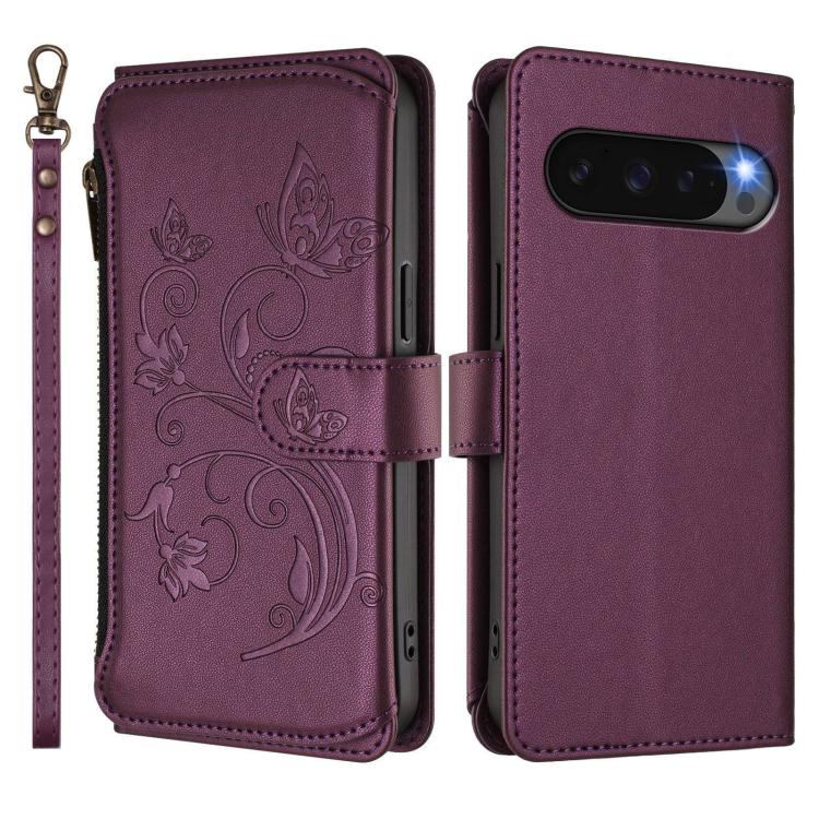 For Google Pixel 10 / 10 Pro / 9 Pro Butterfly Love Flower Multi-card Zipper Wallet Leather Phone Case