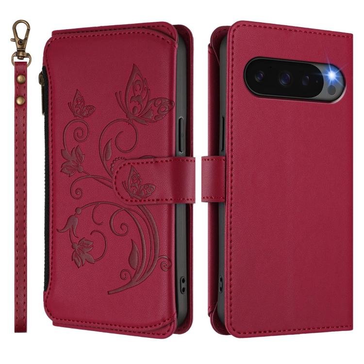 For Google Pixel 10 Pro XL / 9 Pro XL Butterfly Love Flower Multi-card Zipper Wallet Leather Phone Case