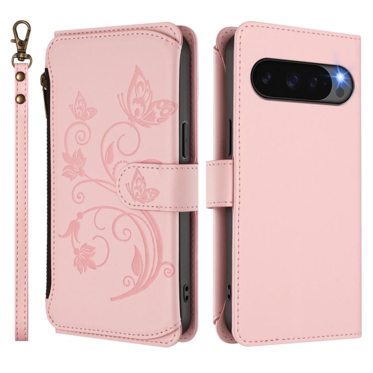 For Google Pixel 10 Pro XL / 9 Pro XL Butterfly Love Flower Multi-card Zipper Wallet Leather Phone Case