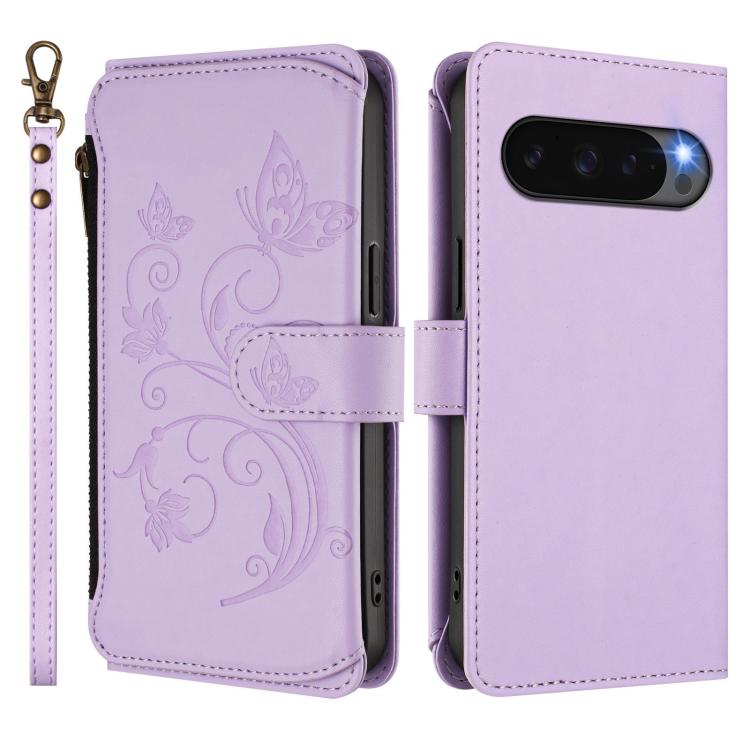 For Google Pixel 10 Pro XL / 9 Pro XL Butterfly Love Flower Multi-card Zipper Wallet Leather Phone Case