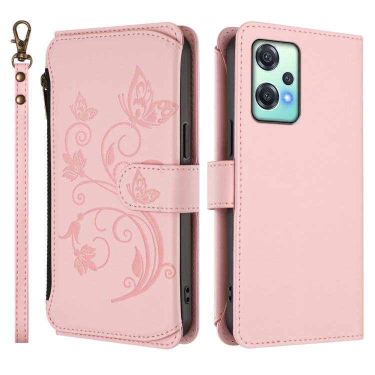 For OnePlus Nord 2 Lite 5G / CE 2 Lite Butterfly Love Flower Multi-card Zipper Wallet Leather Phone Case