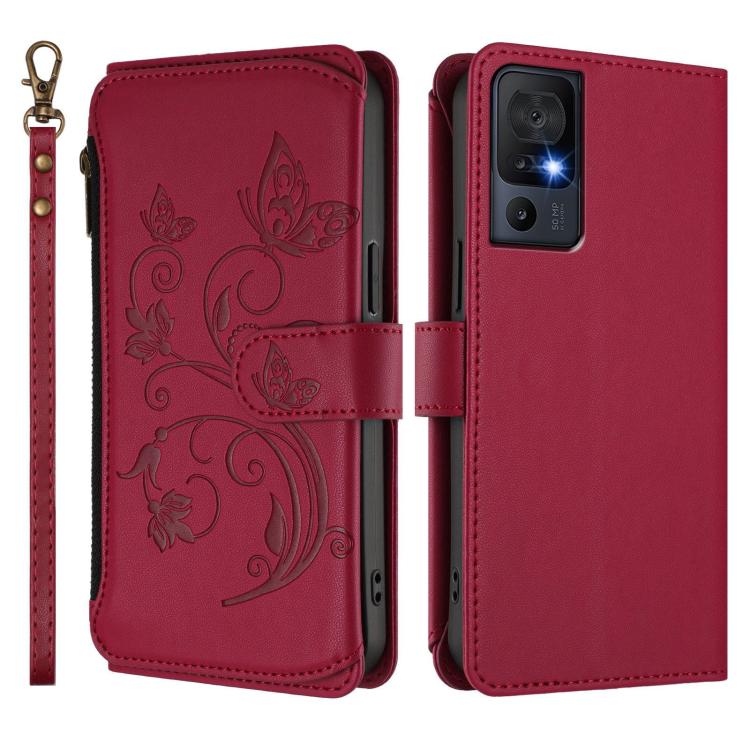 For TCL 40 SE Butterfly Love Flower Multi-card Zipper Wallet Leather Phone Case