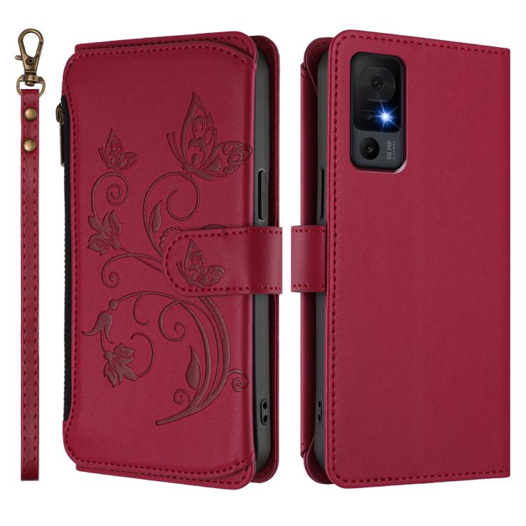 For TCL 40 XL / 40 T / T608DL Butterfly Love Flower Multi-card Zipper Wallet Leather Phone Case