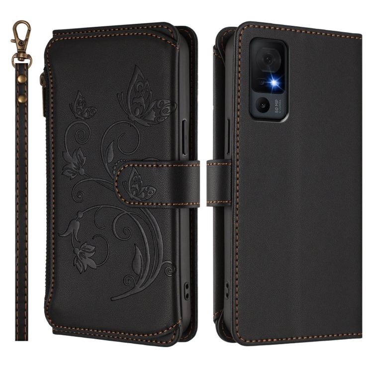 For TCL 40 XL / 40 T / T608DL Butterfly Love Flower Multi-card Zipper Wallet Leather Phone Case