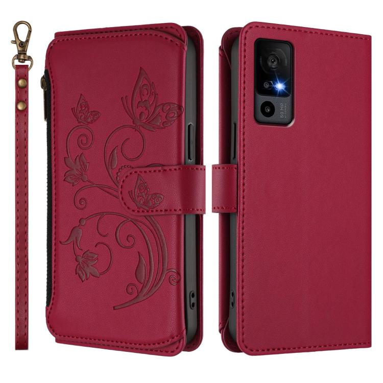 For TCL 40R / Sharp Aquos V6 5G Butterfly Love Flower Multi-card Zipper Wallet Leather Phone Case
