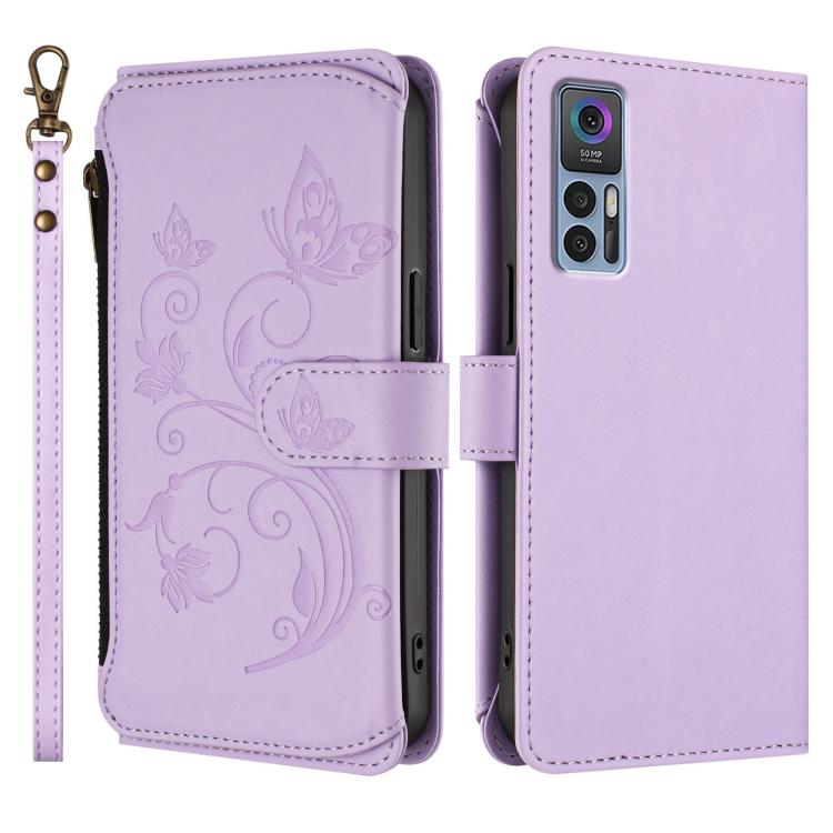 For TCL 30 4G / 5G / 30+ Butterfly Love Flower Multi-card Zipper Wallet Leather Phone Case