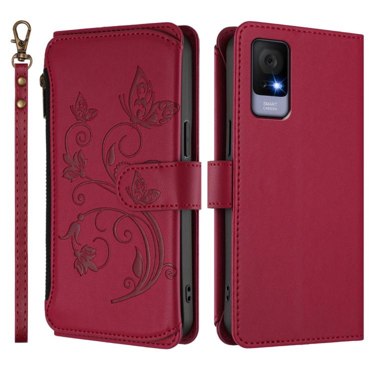 For TCL 405 / 406 / 406S / 408 / T506D Butterfly Love Flower Multi-card Zipper Wallet Leather Phone Case