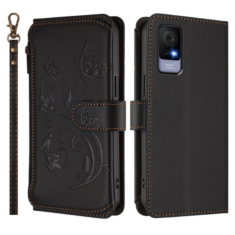 For TCL 405 / 406 / 406S / 408 / T506D Butterfly Love Flower Multi-card Zipper Wallet Leather Phone Case