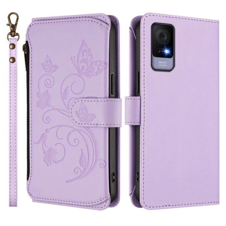 For TCL 405 / 406 / 406S / 408 / T506D Butterfly Love Flower Multi-card Zipper Wallet Leather Phone Case