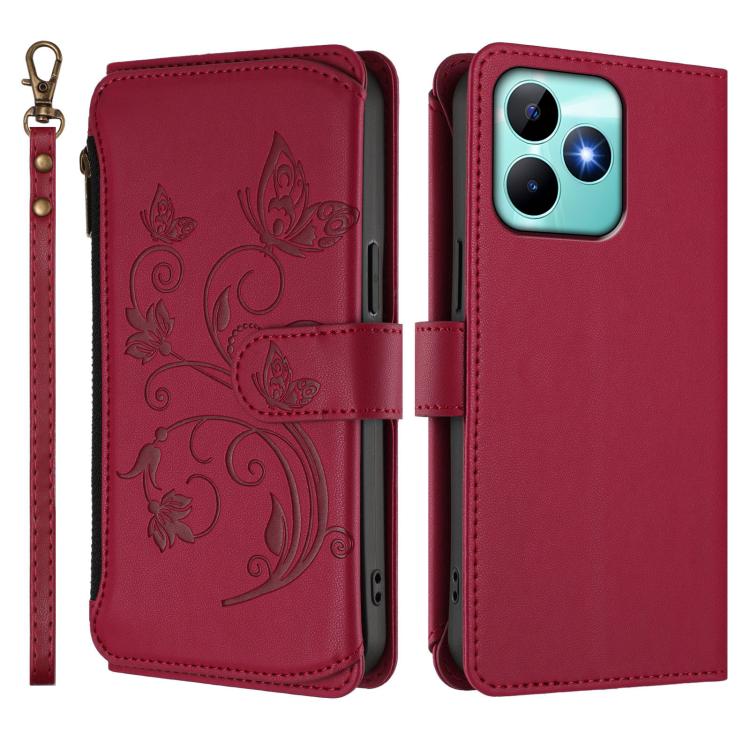 For Realme C53 / C51 4G Global Butterfly Love Flower Multi-card Zipper Wallet Leather Phone Case