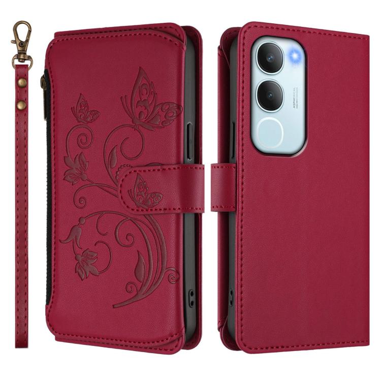 For vivo Y19s 4G Global / Y29 5G India Butterfly Love Flower Multi-card Zipper Wallet Leather Phone Case