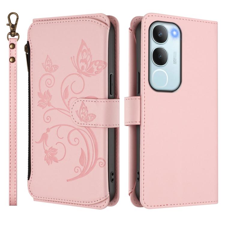 For vivo Y19s 4G Global / Y29 5G India Butterfly Love Flower Multi-card Zipper Wallet Leather Phone Case