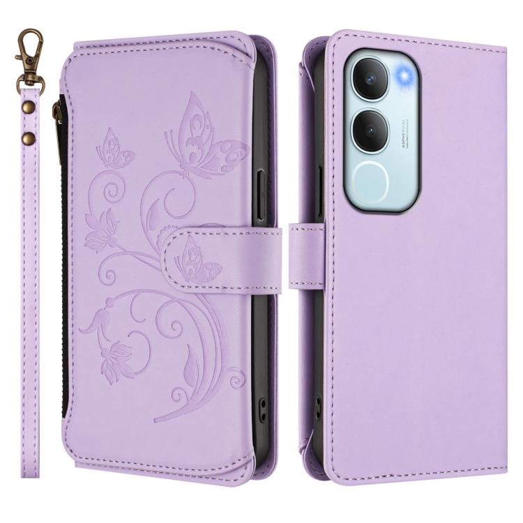 For vivo Y19s 4G Global / Y29 5G India Butterfly Love Flower Multi-card Zipper Wallet Leather Phone Case