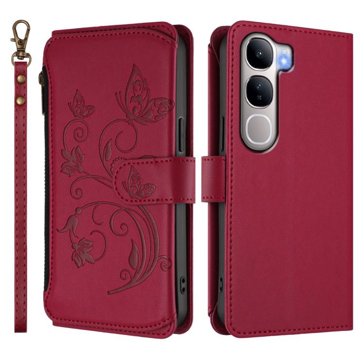 For vivo Y300 5G Global / V40 Lite IDN Butterfly Love Flower Multi-card Zipper Wallet Leather Phone Case