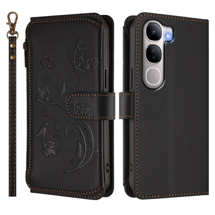 For vivo Y300 5G Global / V40 Lite IDN Butterfly Love Flower Multi-card Zipper Wallet Leather Phone Case