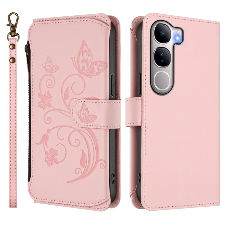 For vivo Y300 5G Global / V40 Lite IDN Butterfly Love Flower Multi-card Zipper Wallet Leather Phone Case