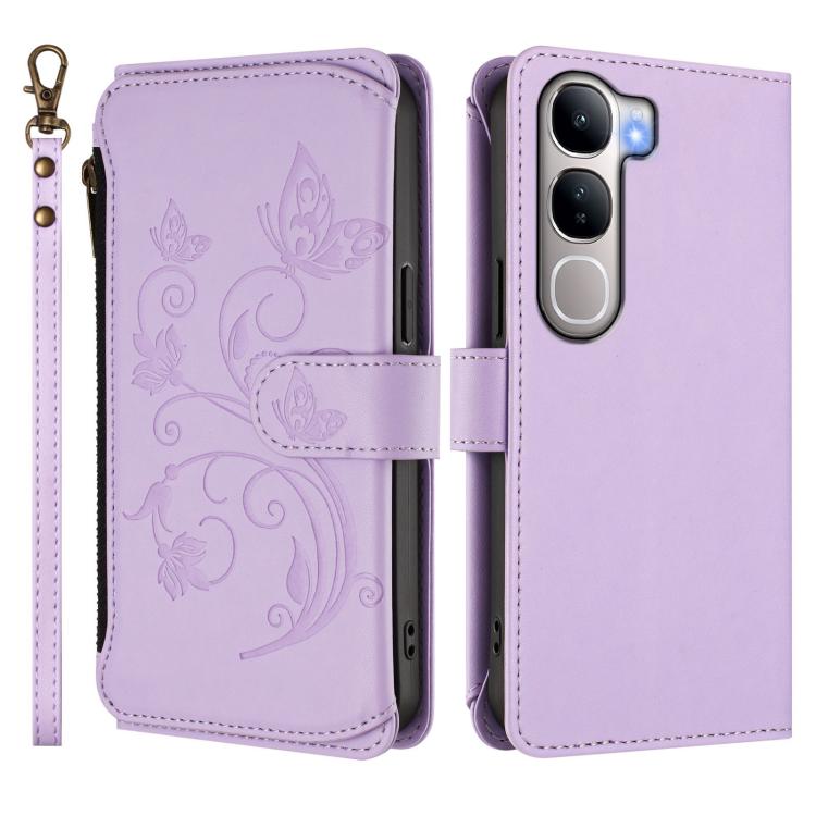 For vivo Y300 5G Global / V40 Lite IDN Butterfly Love Flower Multi-card Zipper Wallet Leather Phone Case