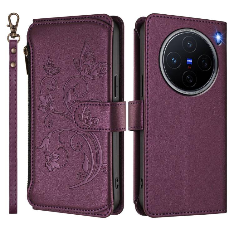 For vivo X200 5G Butterfly Love Flower Multi-card Zipper Wallet Leather Phone Case
