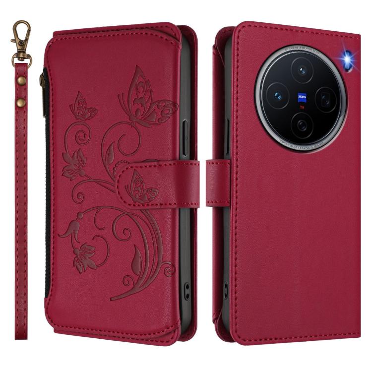 For vivo X200 5G Butterfly Love Flower Multi-card Zipper Wallet Leather Phone Case