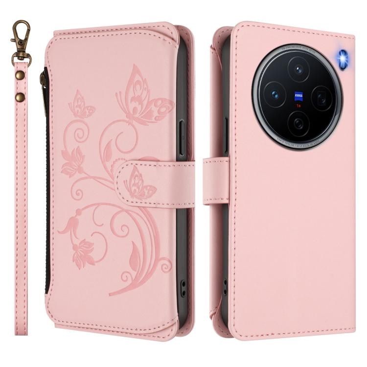 For vivo X200 5G Butterfly Love Flower Multi-card Zipper Wallet Leather Phone Case