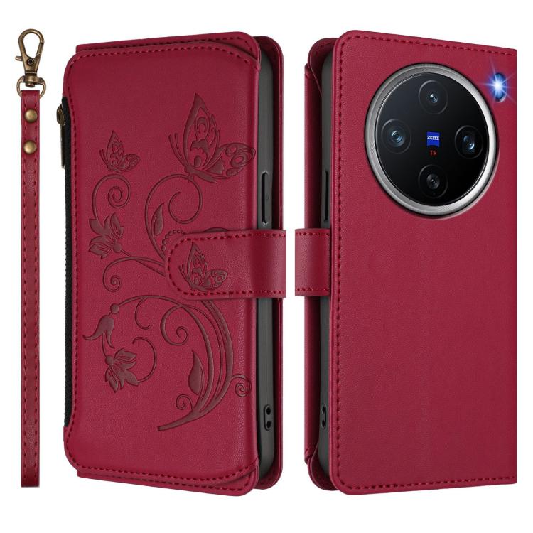 For vivo X200 Pro mini Butterfly Love Flower Multi-card Zipper Wallet Leather Phone Case